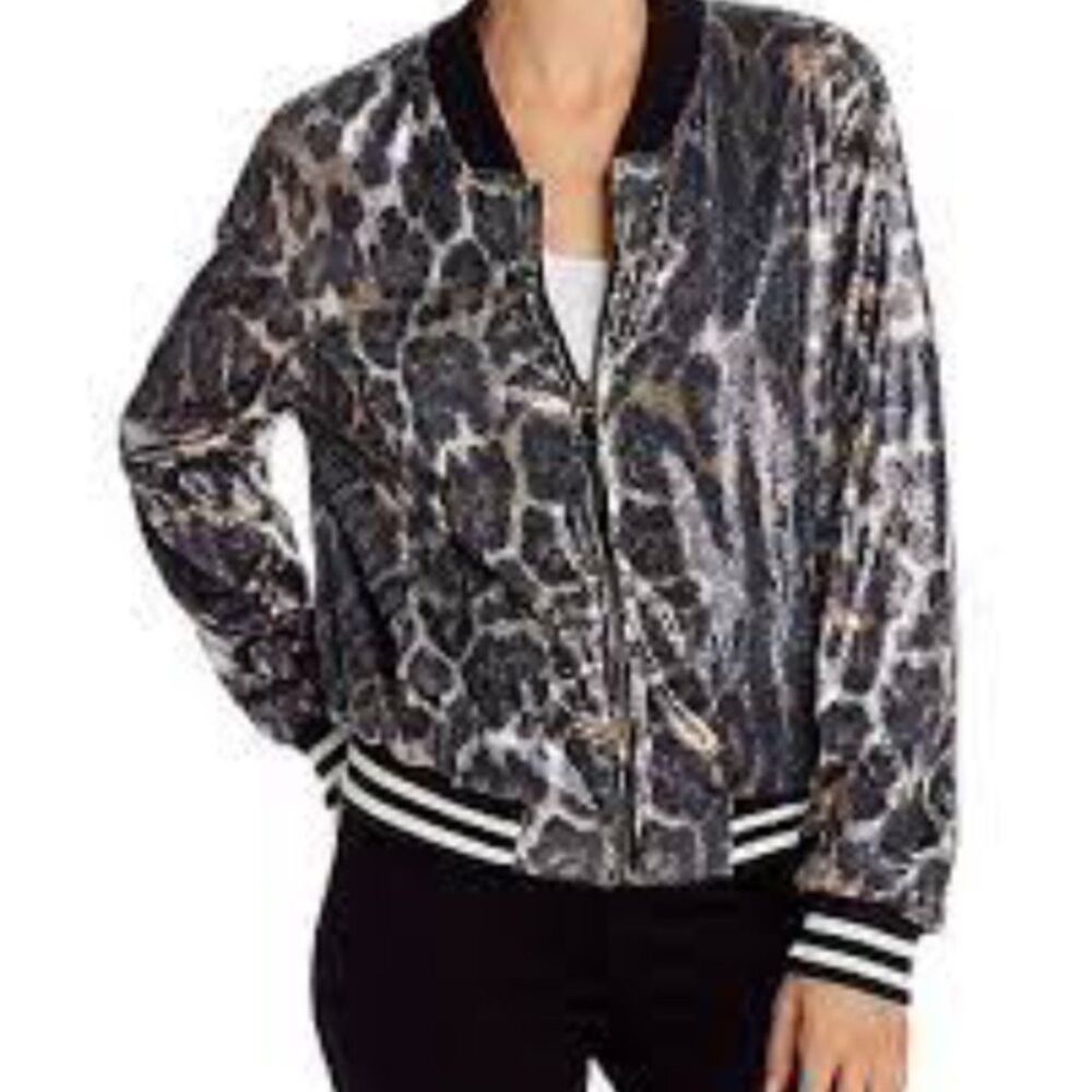 AQUA Sequin Leopard Print Bomber Jacket